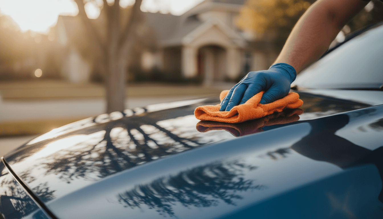 Professional hand buffing a car hood with microfiber cloth, showcasing quality detailing work