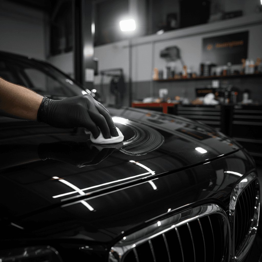 Detailer applying protective coating to vehicle hood