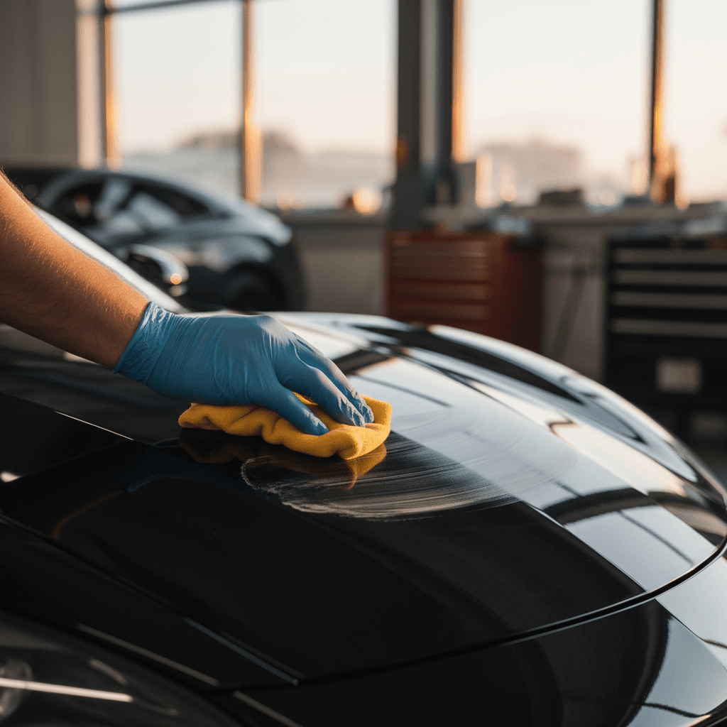 Detailer applying professional polish to car hood with precision