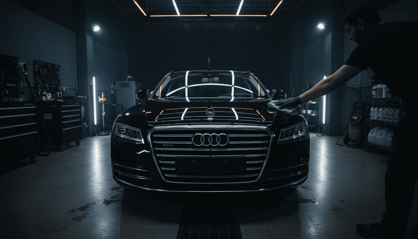 Professional detailer polishing a luxury vehicle in a spotlit detailing bay with dramatic lighting